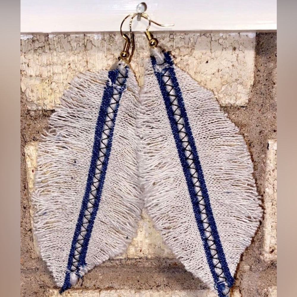 White Feathered Earrings 4 inches long by 1.5 inches wide, white and blue